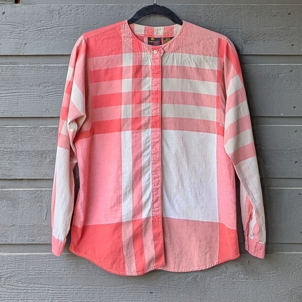 VTG 80s LizSport Coral Cream Plaid Cotton Button Front Blouse Petite Small